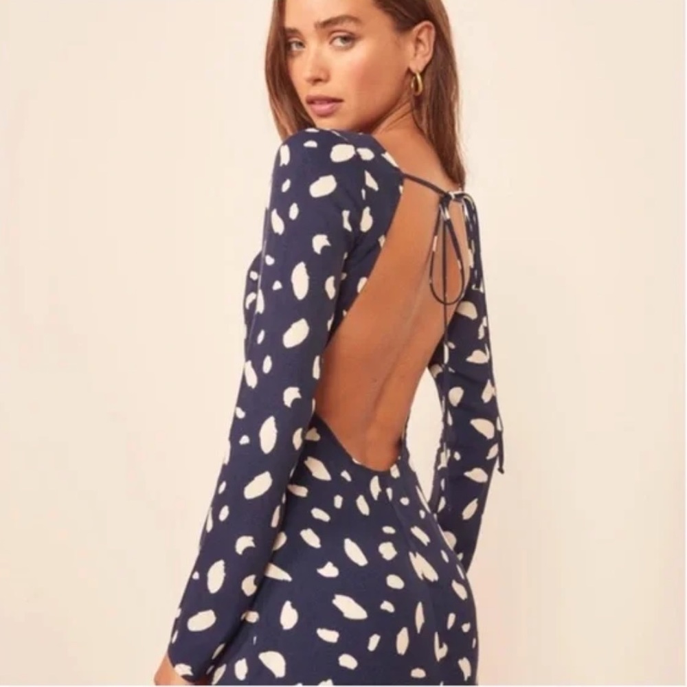 Reformation Navy Blue and White Open-Back Mini Dress